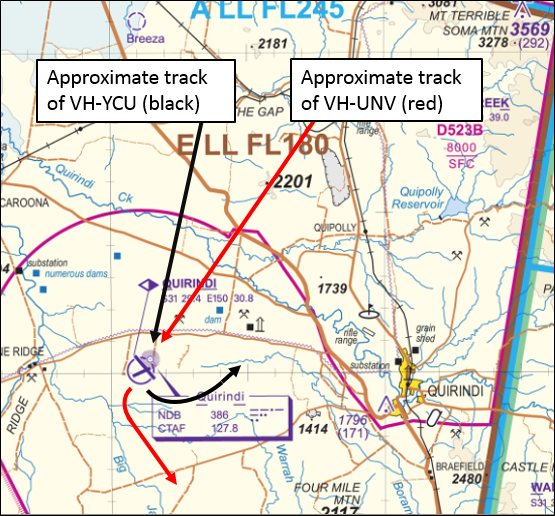 Figure 1: Extract from a visual chart showing the manner in which the tracks of the two aircraft converged as they neared Quirindi, and the general direction of flight of each aircraft after they passed Quirindi (YCU turning to the north-east and UNV turning to the south-east)